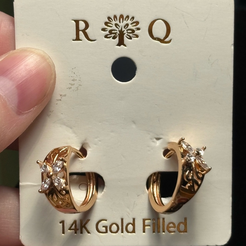 14K Gold Filled Huggies Earrings With Crystal Butterflies